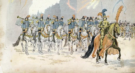 Entrée króla Karola VI (1368-1422) w Paryżu towarzyszy trzydziestu trąbkom. w „”Francja, jego historia opowiedziana przez G. Montorgueil, imagee by Job””” 1896. Zbiory prywatne.