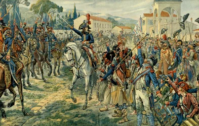 Pierwsza kampania włoska (1796-1797): Napoleon I Bonaparte (1769-1821) dokonał przeglądu Armii Włoch w Nicei 27 marca 1796. Ilustracja Jacques