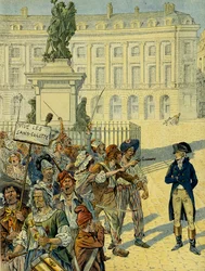 Rewolucja francuska 1789: Napoleon I Bonaparte (1769-1821) zagrożony przez tłum sankiulotów 10 sierpnia 1792 w pobliżu posągu Ludwika XIV (1638-1715) autorstwa Desjardinsa, zanim został obalony, na Place des Victoires w Paryżu. Ilustracja