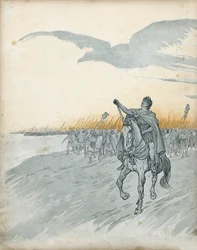 Wojna galijska: Gajusz Juliusz Cezar (wówczas Jules César) (100-44 p.n.e.) i jego armia najeżdżają Galię. Na niebie pojawia się cień orła, symbolu Cesarstwa Rzymskiego. W „Francji, jej historii opowiedzianej przez G. Montorgueil, ilustrowanej przez Joba”