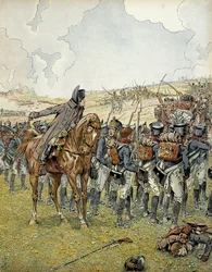 Kampania niemiecka w 1813 r.: Napoleon I Bonaparte (1769-1821) w bitwie pod Lutzen 2 maja 1813 r. dowodził swoją armią przed odniesieniem zwycięstwa. W „”Napoleonie”” Georgesa Montorgueila. Ilustracja Jacques Marie Gaston Onfray de Breville dit JOB (1858-1