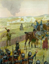 Kampania niemiecka w 1813 r.: Napoleon I Bonaparte (1769-1821) siedzący na bębnie refllechi do swojej strategii bojowej podczas bitwy pod Budziszynem 20 i 21 maja 1813 r. W „Napoleonie” Georgesa Montorgueila. Ilustracja Jacquesa Marie Gastona Onfray de Bre