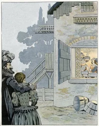 Henryk IV (1553-1610) i kura w garnku: król obserwuje posiłek rodziny chłopskiej i chce poprawić jej warunki życia dzięki kurze w garnku. W „Francji, jej historii opowiedzianej przez G. Montorgueil, zilustrowanej przez Joba”, 1896. Kolekcja prywatna.