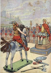 Historia Francji. Scena rzymskiej Galii z zabawkami: wódz galijski Wercyngetoryks (72-46 p.n.e.) udający się do rzymskiego wodza Julesa Cezara (100-44 p.n.e.) po bitwie pod Alezją w 52 p.n.e. w „” Zagrajmy w historię: Francja wystawiona z Joujoux dwóch mał