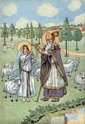 Historia Francji. Scena z życia świętej Genowefy z zabawkami: biskup święty German z Auxerre (V.378-448) zakłada na szyję świętej Genowefie (v.423-512), pasterce pilnującej swych owiec w Nanterre, medal spadający z nieba. W „Let