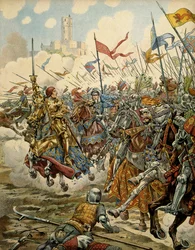 Historia Francji w średniowieczu: król Ludwik XI, zwany Roztropnym (1423-1483), na czele swojej armii podczas bitwy pod Montlhéry przeciwko Lidze Dobra Publicznego, 16 lipca