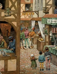 Historia Francji w średniowieczu: ulica Paryża po podpisaniu przez króla Ludwika XI, zwanego Roztropnym (1423-1483), traktatu w Péronne z Karolem Zuchwałym. Paryżanie kupili papugi, które nauczyli mówić „Péronne”, aby drwić z