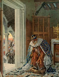 Historia Francji w średniowieczu (średniowiecze): Król Francji Ludwik XI mówi, że Roztropny (1423-1483) boi się śmierci w zbroi na progu. Ilustracja Jacques Marie Gaston Onfray de Breville dit JOB (1858-1931)