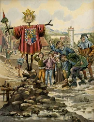 Historia Francji w średniowieczu (średniowiecze): mieszkańcy Dinant wykonali stracha na wróble z ramionami hrabiego Charolais (wówczas Charles Le Temeraire), który szturmował miasto 25 sierpnia 1466. Ilustracja Jacques Marie Gaston Onfray de Brevil