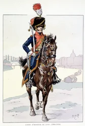 Jeździec gwardii honorowej Lyonu (1804-1814) - w ""Strój wojsk francuskich: Armee de terre et de mer à toutes les epoques"", il. przez Job