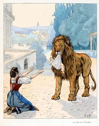 Ilustracja z książki „A la gloire des betes” tekst A Fabre, rysunki Jacques Marie Gaston Onfray de Breville dit JOB (1858-1931), wydawca Maison Alfred Mame i syn: Lew z Florencji (ucieczka z menażerii wielki książę Florencji