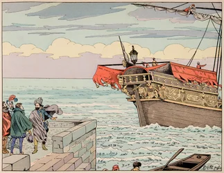 Ilustracja z książki „Le bon roy Henri””, ilustracja Jacques Marie Gaston Onfray de Breville dit JOB (1858-1931): Henri IV odmawia rady ucieczki do Anglii – zbiory prywatne