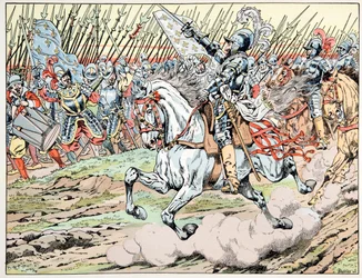 Ilustracja zaczerpnięta z książki „Le bon roy Henri””, ilustrowana przez Jacques Marie Gaston Onfray de Breville dit JOB (1858-1931): Henri IV przed swoją armią: Follow mon plume blanc - kolekcja prywatna