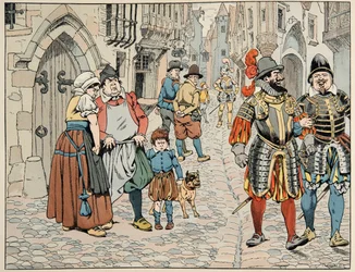 Ilustracja zaczerpnięta z książki „Le bon roy Henri””, ilustrowana przez Jacques Marie Gaston Onfray de Breville dit JOB (1858-1931): Paryżanie kiepskim okiem widzą obce wojska idące im z pomocą - Zbiory prywatne
