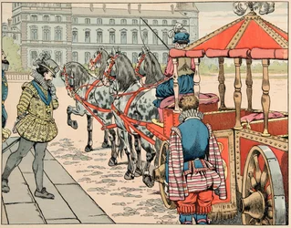Ilustracja zaczerpnięta z książki „Le bon roy Henri””, ilustrowana przez Jacques Marie Gaston Onfray de Breville dit JOB (1858-1931): 14 maja 1610 Henri IV aprobuje jazdę odkrytym powozem - kolekcja prywatna