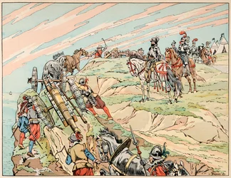 Ilustracja zaczerpnięta z książki „Le bon roy Henri””, ilustrowana przez Jacques Marie Gaston Onfray de Breville dit JOB (1858-1931): Henryk IV podczas wojny założył swój obóz w pobliżu Dieppe ze swoją artylerią - zbiory prywatne