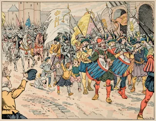 Ilustracja zaczerpnięta z książki „Le bon roy Henri””, ilustrowana przez Jacques Marie Gaston Onfray de Breville dit JOB (1858-1931): Zgłoszenie Henryka IV w Paryżu w dniu 21 marca 1594 r. - Kolekcja prywatna