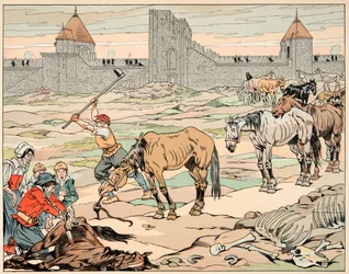 Ilustracja zaczerpnięta z książki „Le bon roy Henri”, ilustracja Jacques Marie Gaston Onfray de Breville dit JOB (1858-1931): Paryżanie głodni ubijają swoje konie - kolekcja prywatna