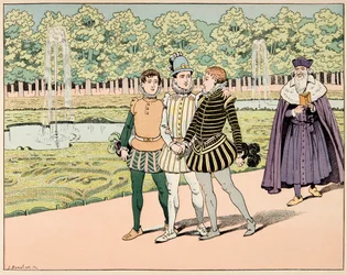 Ilustracja zaczerpnięta z książki „Le bon roy Henri””, zilustrowana przez Jacques Marie Gaston Onfray de Breville dit JOB (1858-1931): Henri IV zaprzyjaźnił się z panami de Segur i panami de La Rochefoucauld - kolekcja prywatna