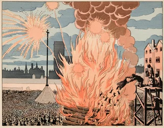 Ilustracja zaczerpnięta z książki „Le bon roy Henri”, ilustracja Jacques Marie Gaston Onfray de Breville dit JOB (1858-1931): Fire de joie place de strike in Paris - Kolekcja prywatna