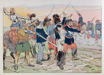 Jacques Marie Gaston Onfray de Breville zwany PRACĄ (1858 - 1931); Ilustracja z książki „Les epees de France”: Alegoria chwały Francji dla włochatych ludzi z 1914 roku; Dz.U., Udostępnij