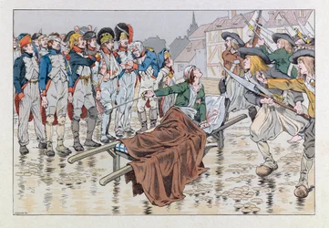 Jacques Marie Gaston Onfray de Breville z pracy (1858 - 1931); Ilustracja z książki „Les epees de France”: Markiz de Bonchamps śmiertelnie ranny po bitwie pod Cholet w 1793 r. ratuje republikańskich jeńców z rąk chouanów; Coll, Par