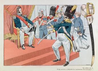Jacques Marie Gaston Onfray de Breville z pracy (1858 - 1931); Ilustracja zaczerpnięta z książki „Les epees de France””: Ludwik Filip (1773-1850) na tronie (Henri Monnier odbierający insygnia Gwardii Narodowej „” Ta szabla jest najpiękniejsza