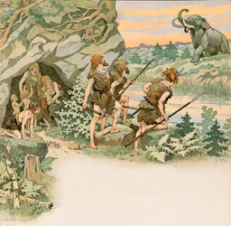 Jacques Marie Gaston Onfroy de Breville dit JOB (1858-1931) – W czasach prehistorycznych jaskiniowcy chronili swoje rodziny przed atakiem mamuta, kolekcja prywatna