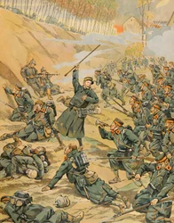 Jacques Marie Gaston Onfroy de Breville dit JOB (1858-1931) - Historia Belgii: obrona pętli Schoorbakke Tervaete przez piechotę podczas bitwy nad Yserem w 1914 r., zbiory prywatne