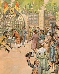 Jacques Marie Gaston Onfroy de Breville dit JOB (1858-1931) - Historia Belgii: Zaciąg ochotników do armii patriotów w kawiarni du Coffy, kolekcja prywatna