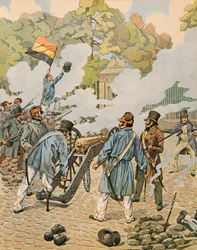 Jacques Marie Gaston Onfroy de Breville dit JOB (1858-1931) – Historia Belgii: Jean Joseph Charlier (1794 – 1866) mówi, że drewniana noga kieruje swój kawałek artylerii przeciwko holenderskim oddziałom zmasowanym w brukselskim parku we wrześniu 1830 r., Sz