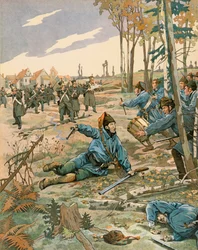 Jacques Marie Gaston Onfroy de Breville dit JOB (1858-1931) - Historia Belgii: Bitwa pod Berchem Lez Antwerpia, Frederic de Merode (1792 - 1830) zostaje śmiertelnie ranny podczas walki z armią holenderską 24 października