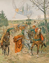 Jacques Marie Gaston Onfroy de Bréville, zwany JOB (1858-1931) - Historia Belgii: święty Albert z Leuven (ca. 1166-1192), książę-biskup Liège, zostaje zamordowany w Reims przez siepaczy cesarza Henryka VI w 1192 roku. Kolekcja prywatna