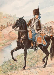 Jacques Marie Gaston Onfroy de Breville dit JOB (1858-1931) - Strój wojsk francuskich wszechczasów: pułkownik huzarów z Chamborant (1784), kolekcja prywatna