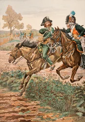 Jacques Marie Gaston Onfroy de Breville dit JOB (1858-1931) - Strój wojsk francuskich wszech czasów: Cavalier Vendeen i piqueur (lub Piconnier) na koniu Legionu Germanów (1793), kolekcja prywatna