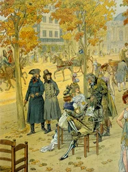 Jean Andoche Junot (Jean-Andoche) (1771-1813) i Napoleon I Bonaparte (1769-1821) spacerują wzdłuż Boulevard de Coblenz (Boulevard de Ghent) w Paryżu przed Niewiarygodnym. Ilustracja Jacques Marie Gaston Onfray de Breville dit JOB (1858-1931)