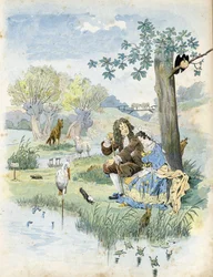 Jean de La Fontaine (Lafontaine) (1621-1695) rozmawia z młodą dziewczyną. Wokół nich zwierzęta obecne w bajkach poety: wilk, baranek, bocian, żółw, szczur, żaba, zając, lis, kruk… we „”Francja, jego historia opowiada G. Montorgueil, imagee by Job”” ” 1896.