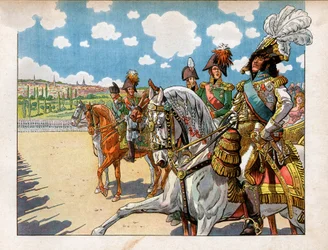 Joachim Murat (1767-1815) towarzyszył Napoleonowi I Bonaparte (1869-1921) i Aleksandrowi I, cesarzowi Rosji (1777-1825) podczas przeglądu wojsk podczas traktatu tylżyckiego 7 lipca 1807 r. Grawer Jacques Marie Gaston Onfray de Breville z Hioba (185