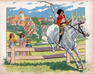 Joachim Murat (1767-1815) dziecko na koniu trenuje skakanie przez żywopłoty. Grawerowanie: Jacques Marie Gaston Onfray de Breville dit Job (1858-1931)