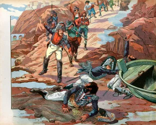Joachim Murat (1767-1815), dechu król Neapolu, wzięty do niewoli w Pizzo w Kalabrii przez wrogi tłum w 1815 r. Grawer Jacques Marie Gaston Onfray de Breville dit Job (1858-1931)
