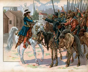 Joachim Murat (1767-1815) w Moskwie oferuje zegarek Rosjanom. Grawerowanie: Jacques Marie Gaston Onfray de Breville dit Job (1858-1931)