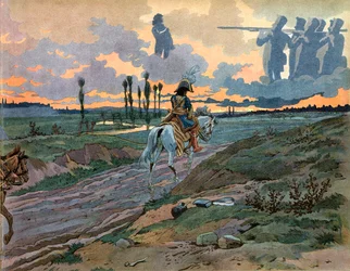 Joachim Murat (1767-1815) wrócił do Neapolu po klęsce Lipska w 1813 roku. Grawerowanie: Jacques Marie Gaston Onfray de Breville dit Job (1858-1931)