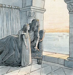 Król Karol Wielki (Karol I zwany Karolem Wielkim, 742-814) obserwuje przybycie drakkarów Wikingów nad Sekwaną w IX wieku. w „Francja, jego historia opowiedziana przez G. Montorgueila, obrazowana przez Hioba”” 1896. Zbiory prywatne.