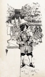 Król Francji Ludwik XIV zwany królem Soleil (1638-1715) ze swoimi dworzanami w ogrodach Wersalu. Ilustracja Joba (Jacques Marie Gaston Onfray i Breville) (Jacques-Marie) (1858-1931) do książki „Wielkie historyczne słowa kraju Francji”