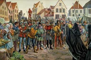 Maria Burgundzka (1457-1482), księżna Burgundii zażądała ułaskawienia dla swoich doradców w 1477 roku. Ilustracja Jacques Marie Gaston Onfray de Breville dit JOB (1858-1931) w „” Ludwik XI”””