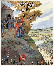 Moja korona na odważne słowa króla Filipa II powiedział Filip August (1165-1223) panom przed zwycięstwem w bitwie pod Bouvines 27 lipca