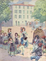 Napoleon Bonaparte (1769-1821) jako dziecko w sporze z towarzyszami przed swoim domem w Ajaccio na Korsyce, ok. 1910 (kolor lito)