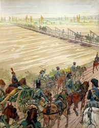 Napoleon I Bonaparte (1769-1821) i jego armia przepłynęli Ren 1 października 1805 r. W „Napoleonie” Georgesa Montorgueila. Ilustracja Jacques Marie Gaston Onfray de Breville dit JOB (1858-1931)