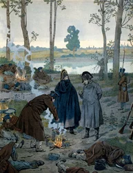 Napoleon I Bonaparte (1769-1821) na biwakach w przededniu bitwy pod Waterloo w 1815 r. W „Napoleonie” Georgesa Montorgueila. Ilustracja Jacques Marie Gaston Onfray de Breville dit JOB (1858-1931)