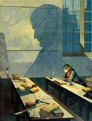 Napoleon I Bonaparte (1769-1821) uczący się w Królewskiej Szkole Wojskowej w Brienne (szkoła prowadzona przez Minimes w Aube, Szampania-Ardeny). Jej cień pada na geograficzną mapę Europy. Ilustracja Jacques Marie Gaston Onfray de Breville dit JOB